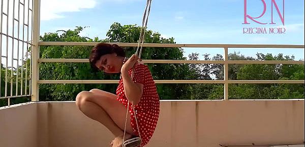 Cute housewife has fun without panties on the swing. Slut swings and shows her perfect pussy.